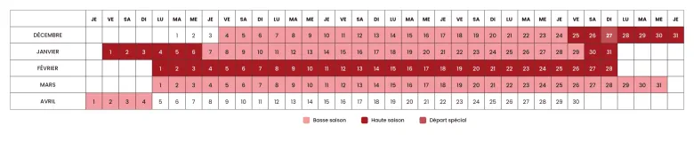 Calendrier de l'école de ski saison Pal Arinsal