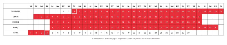 Calendari temporada hivern Pal Arinsal 